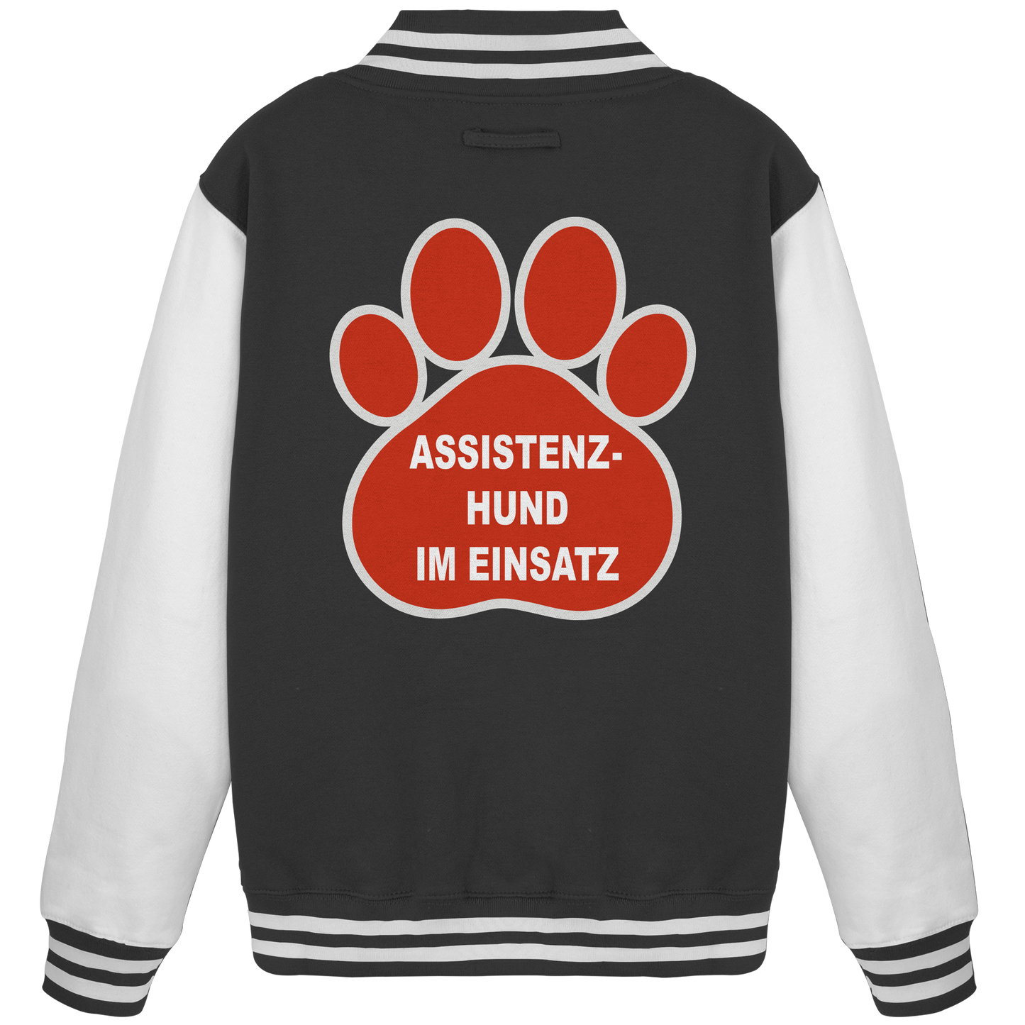 Hilfsmittel für Assistenz-Hund - College Jacket von Pressure Clothing mit großem Pfoten-Print und Hinweis auf Assistenzhund-Einsatz.