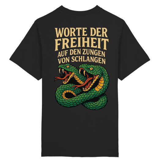 Worte der Freiheit ... auf den Zungen von Schlangen - Heavy Oversized Organic Shirt von Pressure Clothing in Schwarz mit Schlangendesign