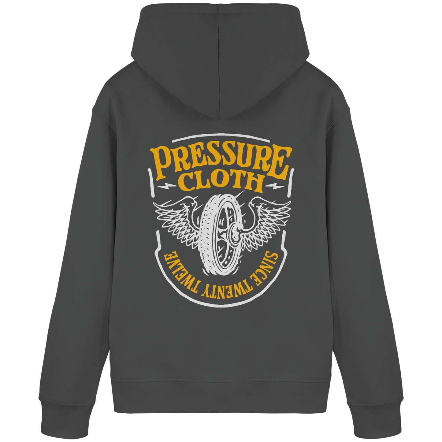 Flying Wheels Bike Customs - Organic Basic Hoodie mit Flügel-Reifenmotiven von Pressure Clothing in Vintage-Optik