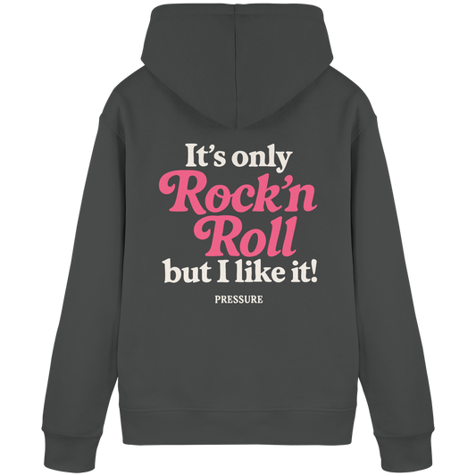 Rückansicht des It's only Rock'n'Roll ... but I like it - Organic Basic Hoodie von Pressure Clothing in dunkelgrau.