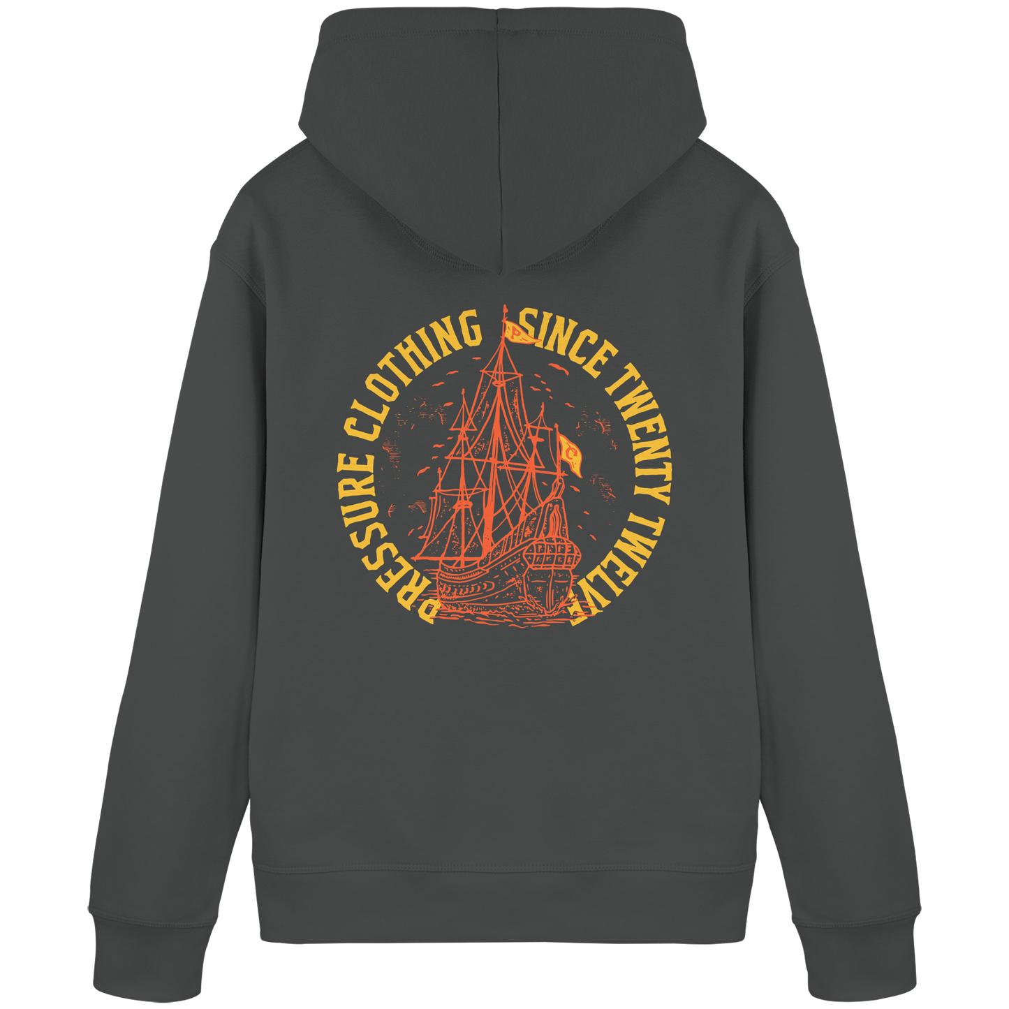 Vintage Segelschiff - Organic Basic Hoodie von Pressure Clothing mit maritimem Segelschiff-Design auf der Rückseite