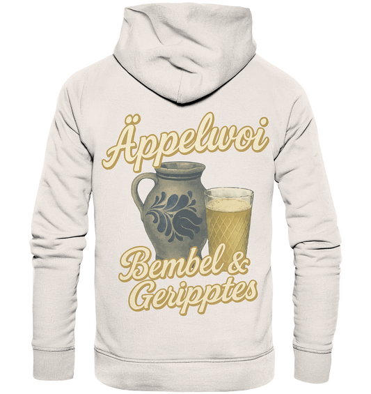 Back view of beige hoodie featuring Äppelwoi text with traditional Bembel stoneware jug and Geripptes glass illustration