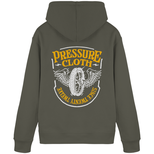 Flying Wheels Bike Customs - Organic Basic Hoodie von Pressure Clothing mit Vintage-Rad-Motiv und Schriftzug auf dem Rücken