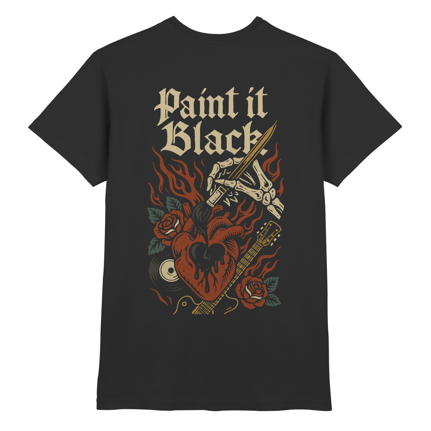 Schwarzes Paint it Black - Premium Shirt von Pressure Clothing mit Herz, Flammen, Rosen und Gitarre in künstlerischem Design.