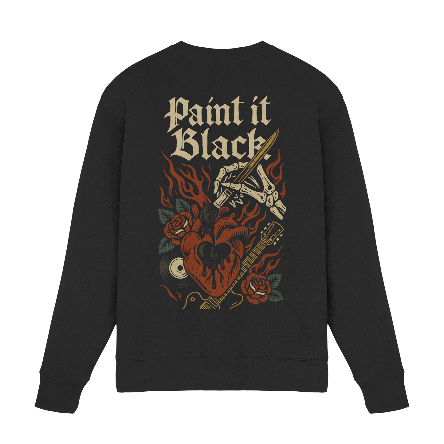 Paint it Black - Premium Sweatshirt von Pressure Clothing mit Herz, Flammen, Rose und Gitarrenmotiv auf schwarzem Stoff.