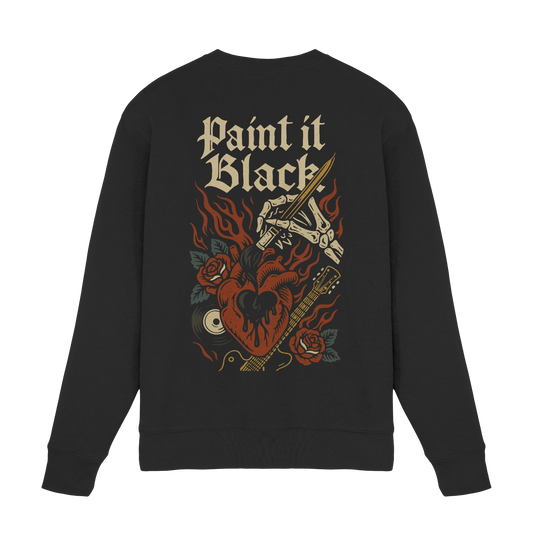 Paint it Black - Premium Sweatshirt von Pressure Clothing mit Herz, Flammen, Rose und Gitarrenmotiv auf schwarzem Stoff.