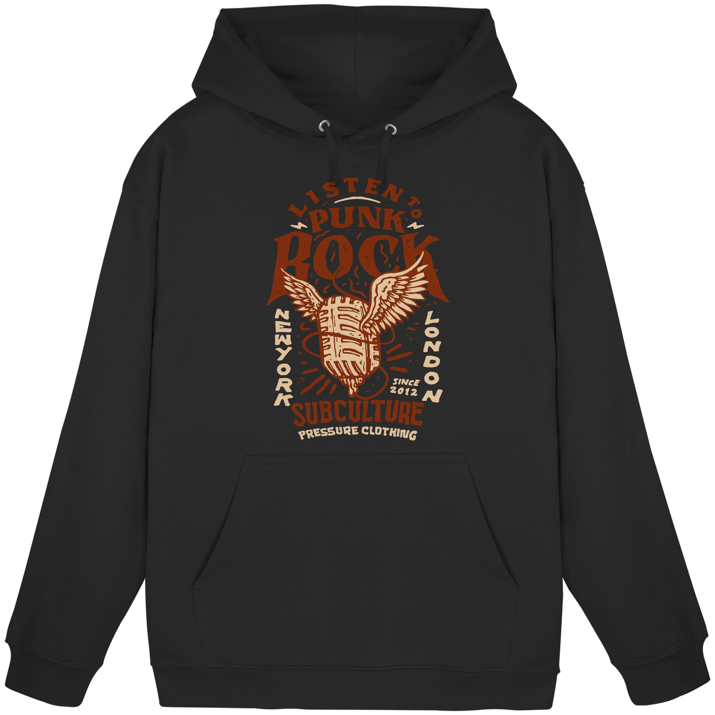 Schwarzer Listen to Punk Rock Subculture - Basic Unisex Hoodie von Pressure Clothing mit Punk Rock Motiv und Subkultur Schriftzug.