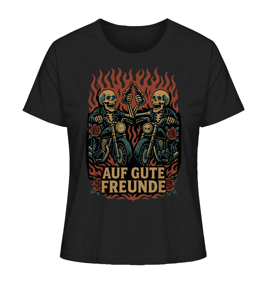 Schwarzes "Auf gute Freunde - Biker Statement - Ladies Organic Shirt" von RockWear mit Totenkopf-Motiven auf Motorrädern.