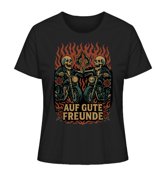 Schwarzes "Auf gute Freunde - Biker Statement - Ladies Organic Shirt" von RockWear mit Totenkopf-Motiven auf Motorrädern.