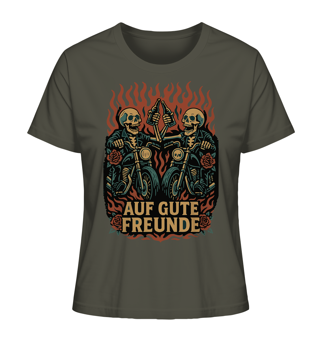 Dunkelgrünes "Auf gute Freunde - Biker Statement - Ladies Organic Shirt" von RockWear mit Skelett-Motiven und Flammenprint.