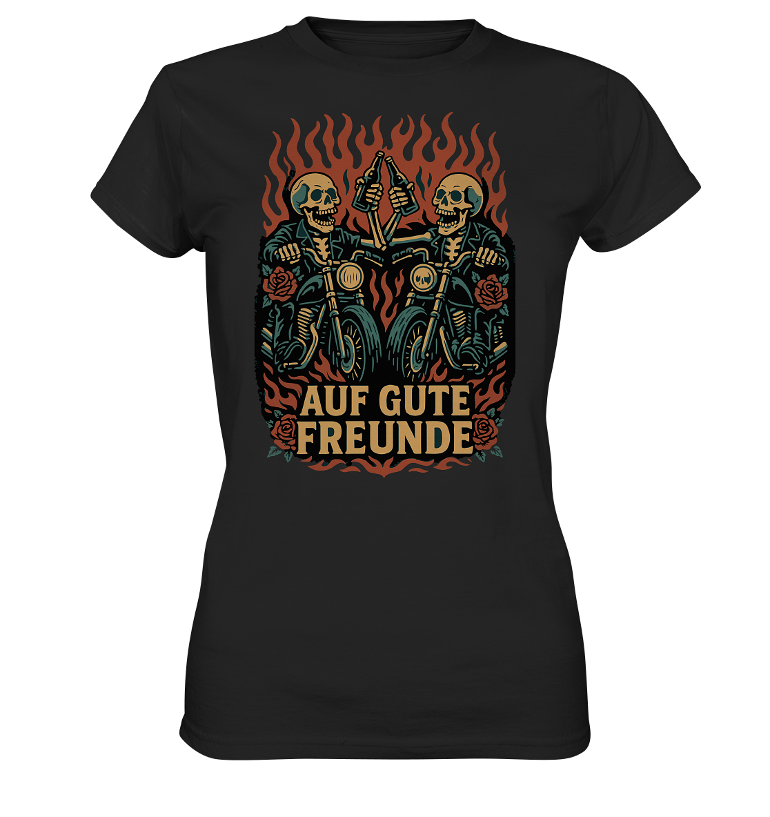 Schwarzes Ladies Premium Shirt von RockWear mit Auf gute Freunde - Biker Statement und Totenkopf-Motiven auf Motorrädern.