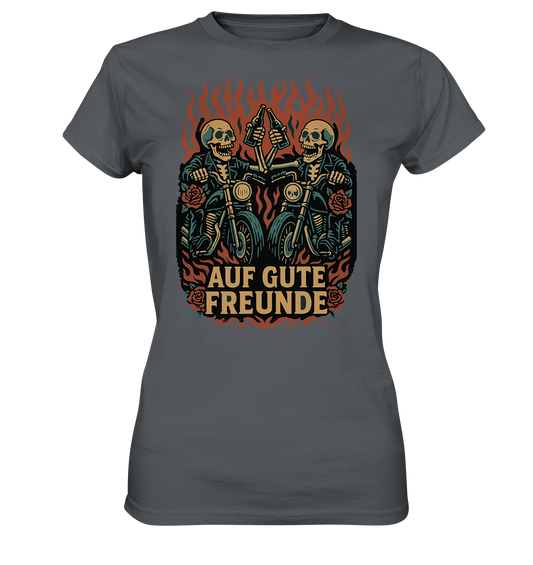 Damen Shirt Auf gute Freunde - Biker Statement von RockWear mit Skelett-Motorradfahrern und Flammendesign.