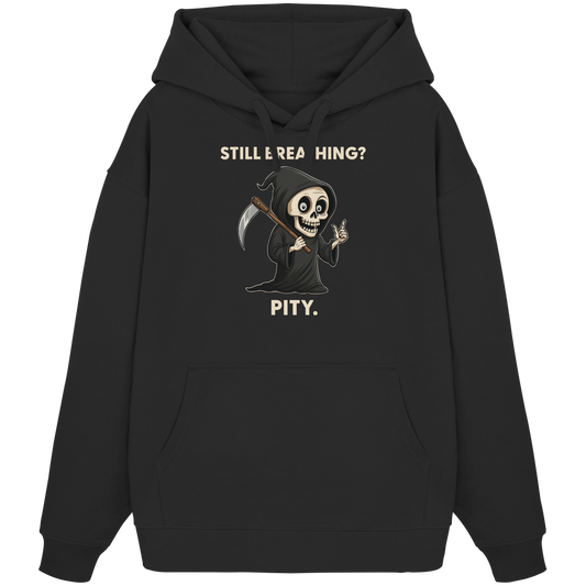 Black organic oversized hoodie with a sarcastic grim reaper holding a scythe and dark humor text design