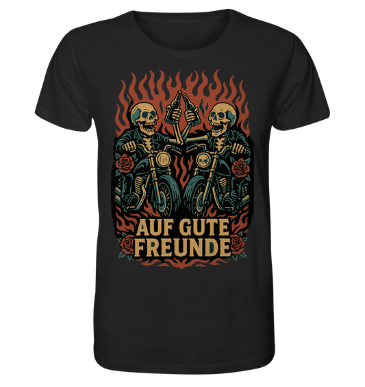 Schwarzes Auf gute Freunde - Biker Statement - Organic Shirt von RockWear mit Totenkopf-Motiven auf Motorrädern und Flammen.