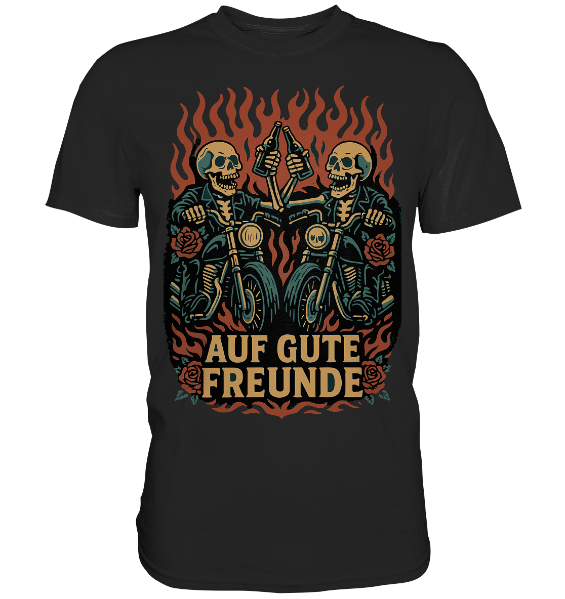 Schwarzes Auf gute Freunde - Skull Motorradfahrer - Premium Shirt von Motorrad Bekleidung mit zwei knöchernen Bikern und Flammenmotiv