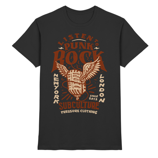 Listen to Punk Rock Subculture - Premium Shirt von Pressure Clothing mit vintage Mikrofon und Flugmotiv in Braun auf Schwarz.