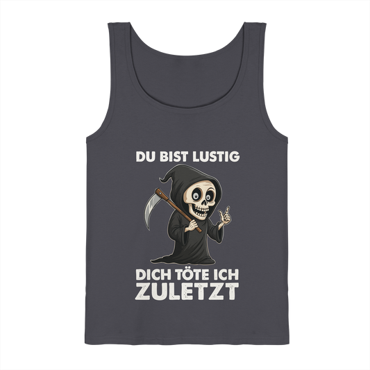 Dark gray tank top with a cute cartoon grim reaper and German text about dark humor and death.
