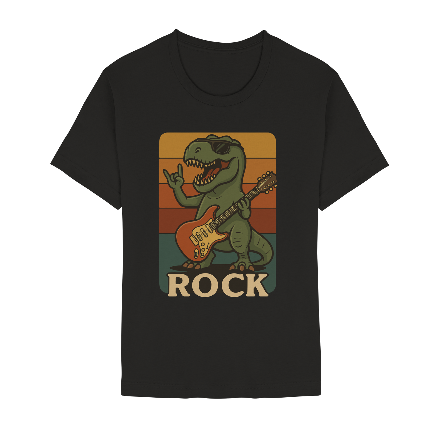 Schwarzes Rockender T-Rex – Retro Design - Unisex Essential Premium T-Shirt von Pressure Clothing mit Dinosaurier und Gitarre.