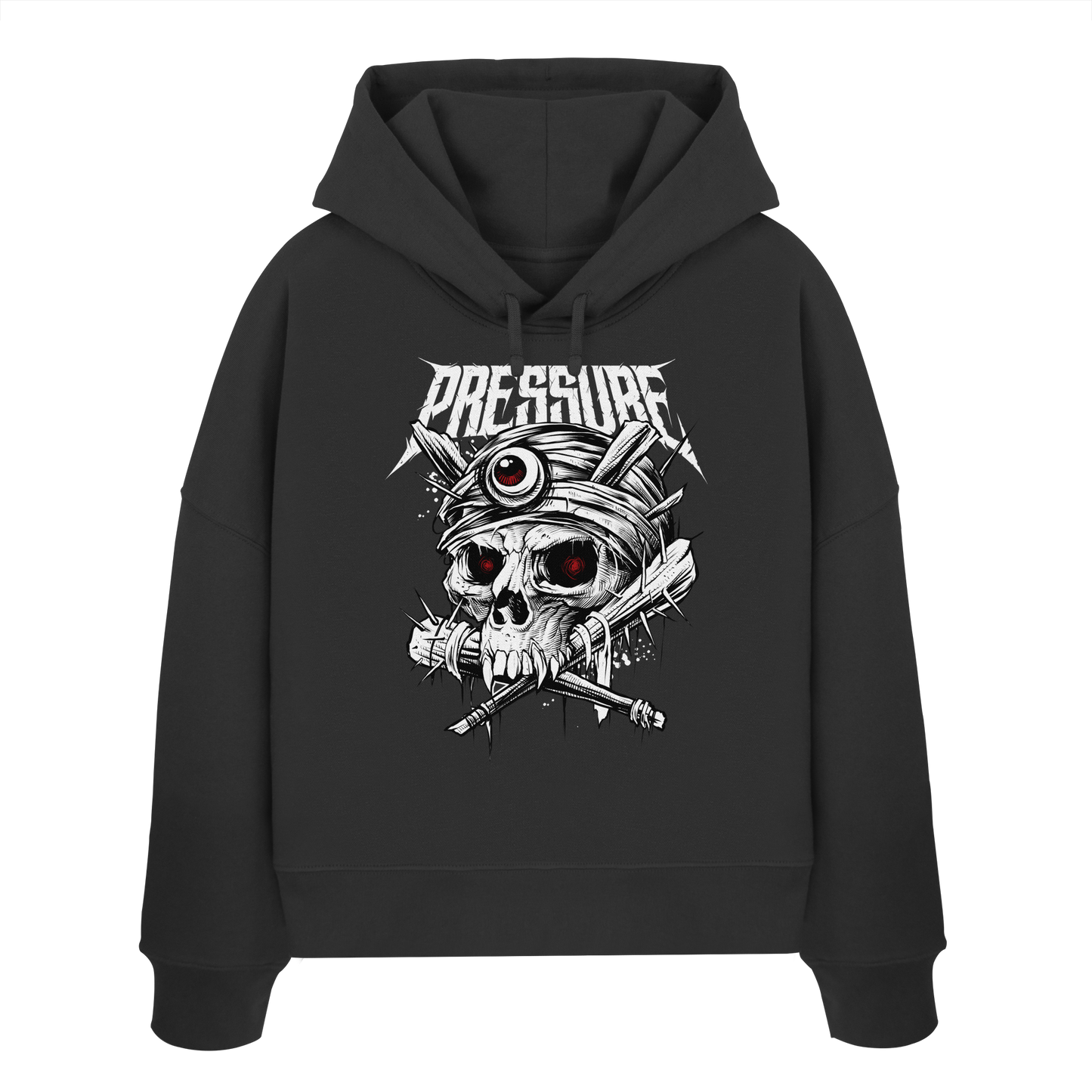 Schwarzer Skullica - Vampire Skull - Pressure Magazine - Womens Organic Boxcut Hoodie mit Schädel- und Pressure Schriftzug-Design.