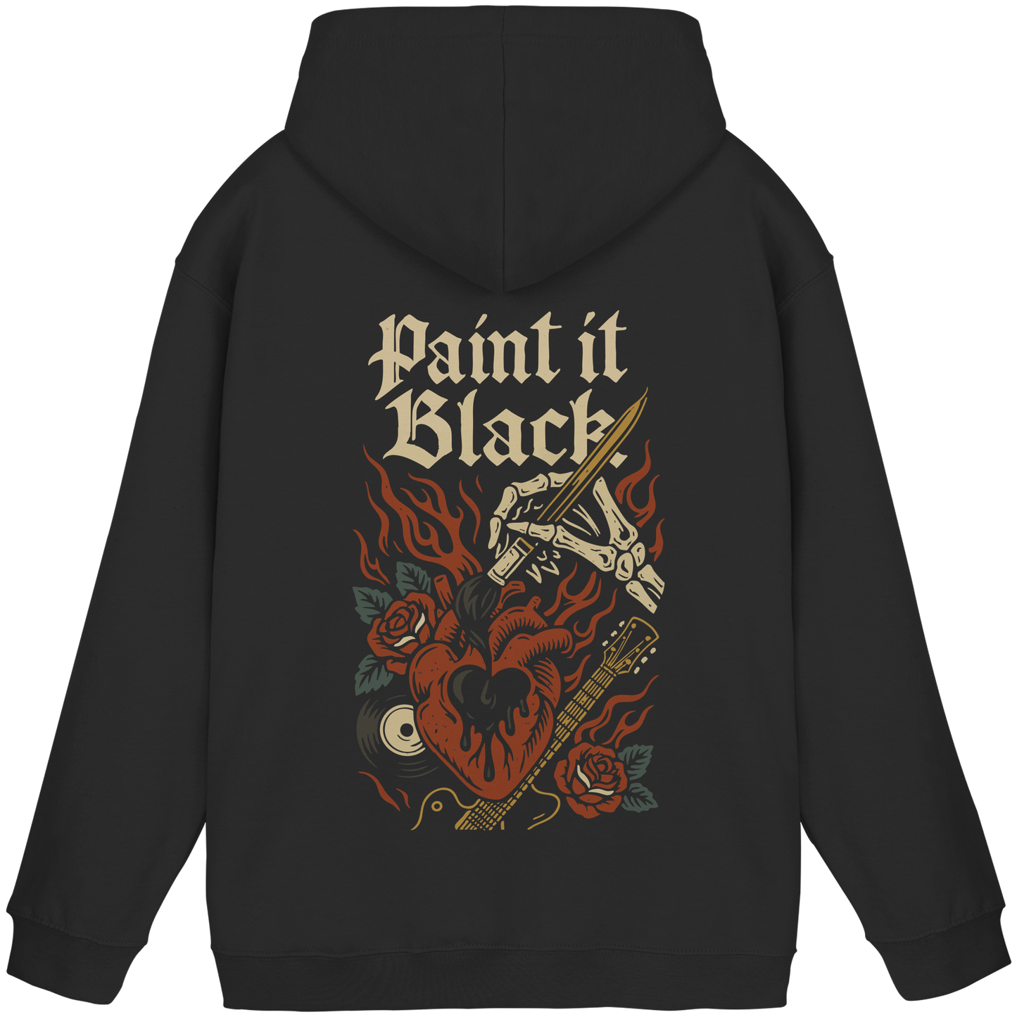 Schwarzer Paint it Black - Basic Unisex Hoodie von Pressure Clothing mit rebellischem Herz- und Flammendesign auf dem Rücken.