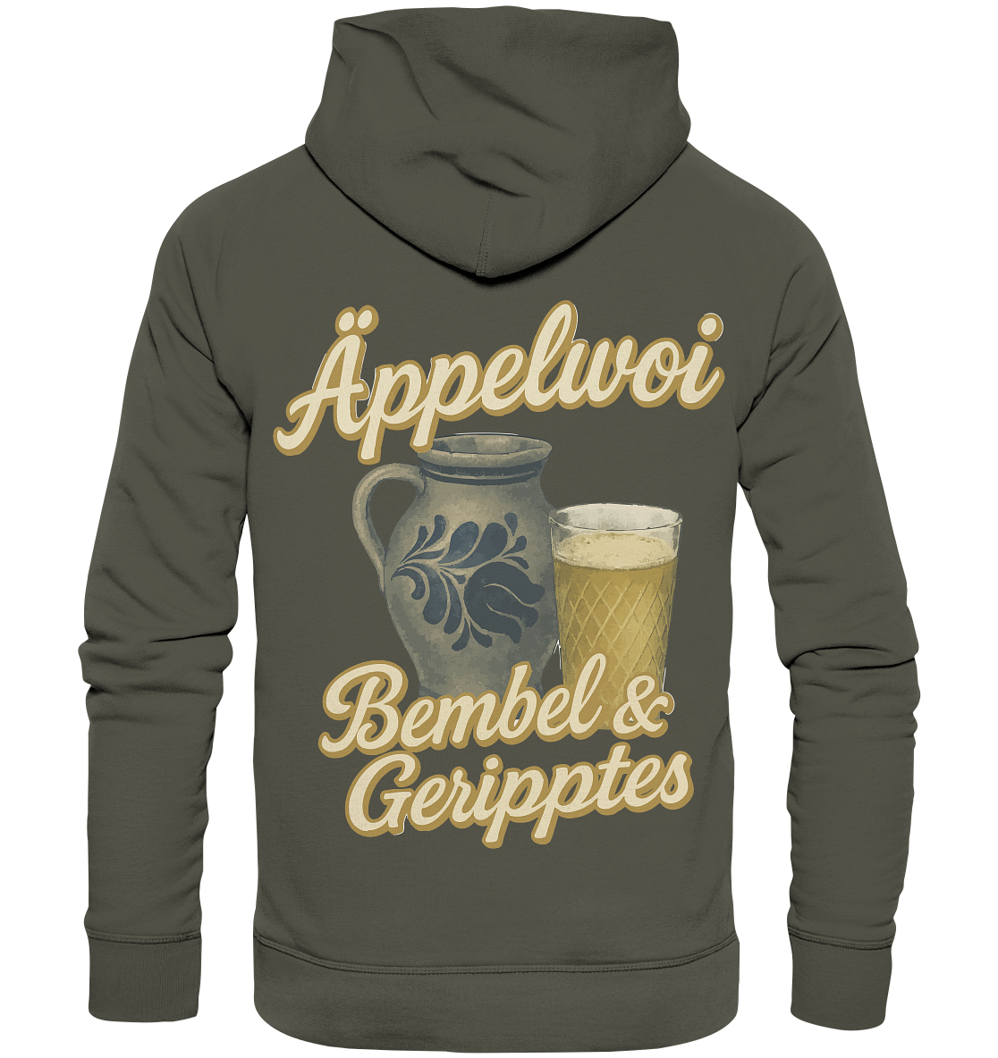 Olive green hoodie with Äppelwoi Bembel and Geripptes graphic featuring a jug and glass of apple wine