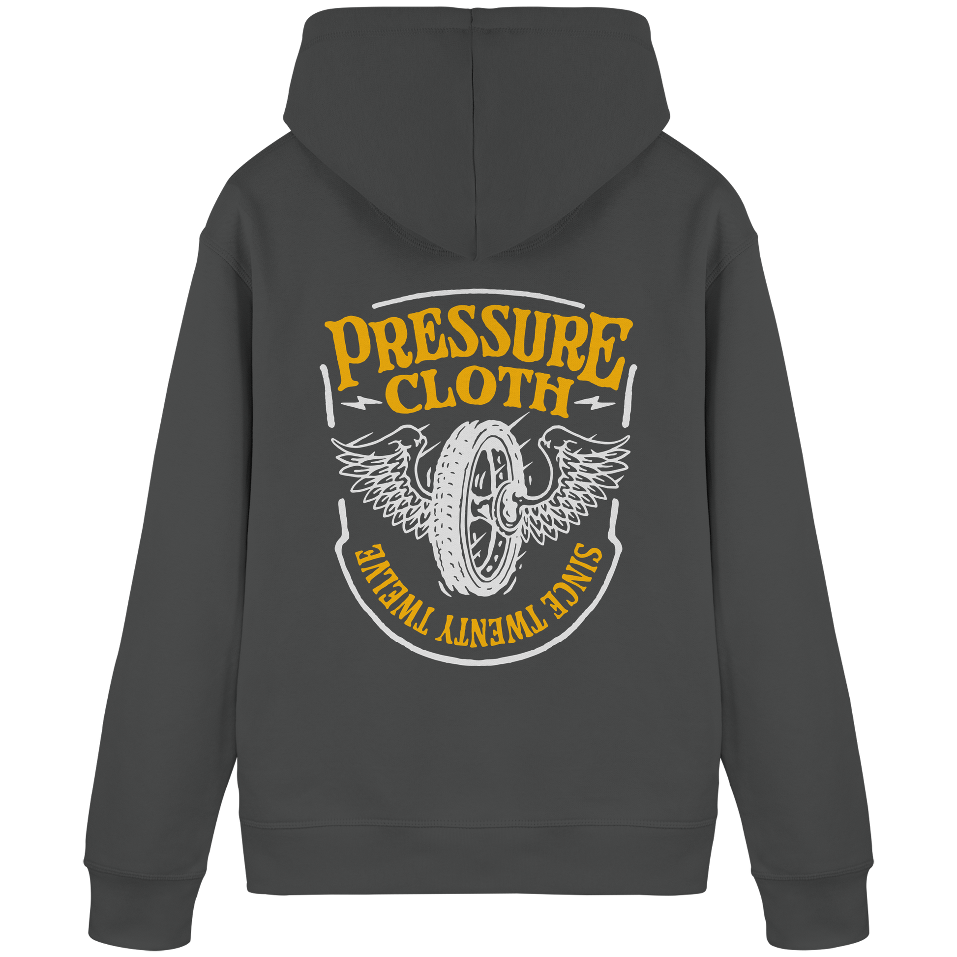 Flying Wheels Bike Customs - Organic Basic Hoodie mit Flügel-Reifenmotiven von Pressure Clothing in Vintage-Optik