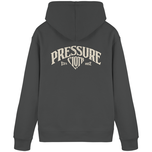 Dunkelgrauer Pressure Cloth - Vintage Brand - Organic Basic Hoodie von Pressure Clothing mit Vintage-Aufdruck auf der Rückseite