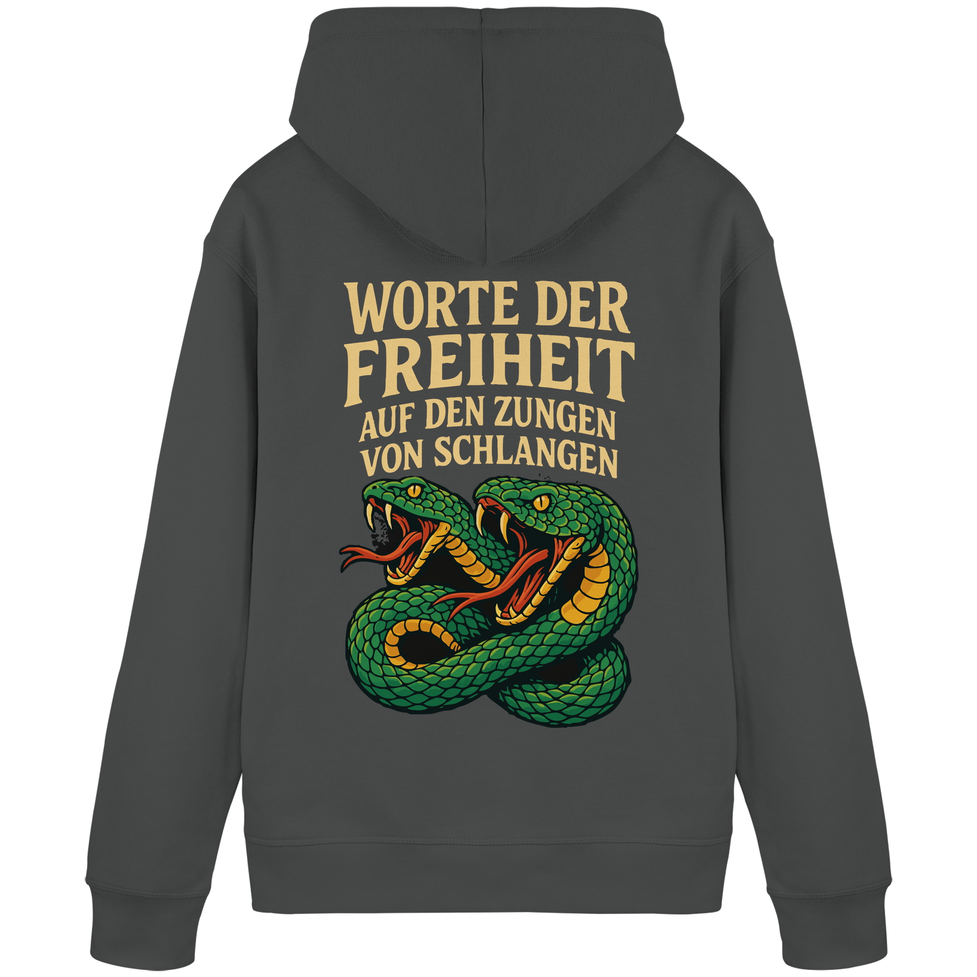 Worte der Freiheit ... auf den Zungen von Schlangen - Organic Basic Hoodie von Pressure Clothing mit Schlangenmotiv hinten.