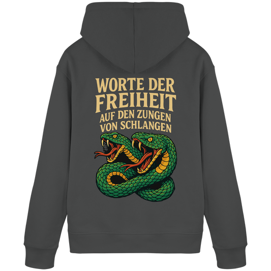 Worte der Freiheit ... auf den Zungen von Schlangen - Organic Basic Hoodie von Pressure Clothing mit Schlangenmotiv hinten.