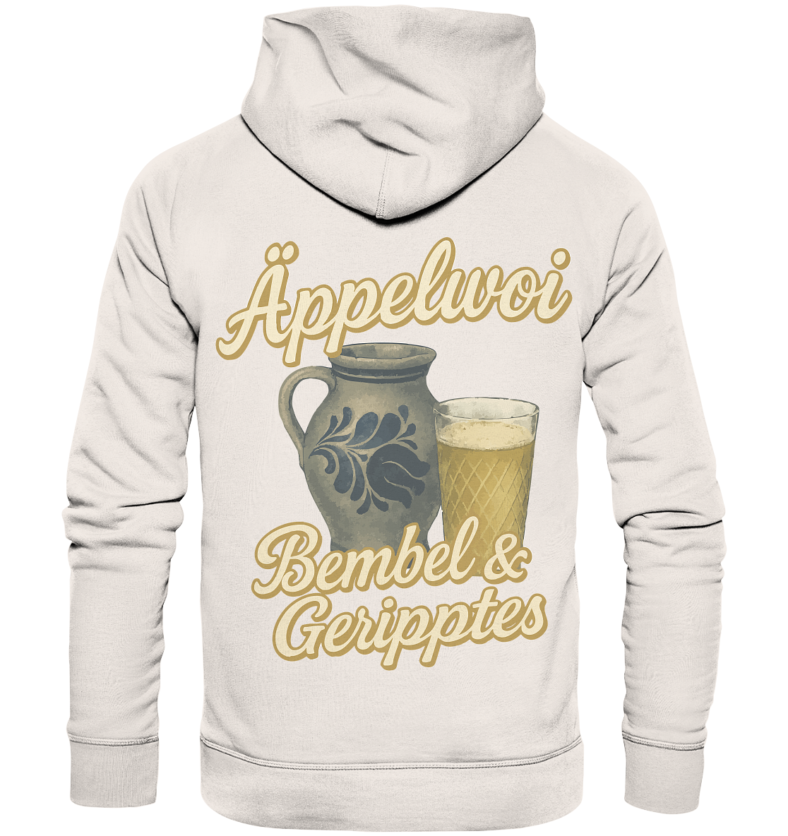 Back view of beige hoodie featuring Äppelwoi text with traditional Bembel stoneware jug and Geripptes glass illustration