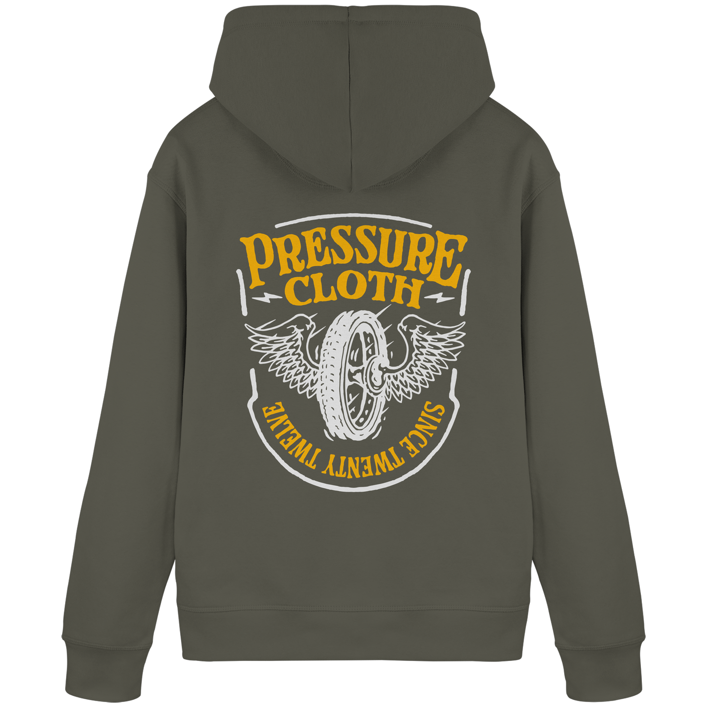 Flying Wheels Bike Customs  - Organic Basic Hoodie von Pressure Clothing mit Vintage-Rad-Motiv und Schriftzug auf dem Rücken