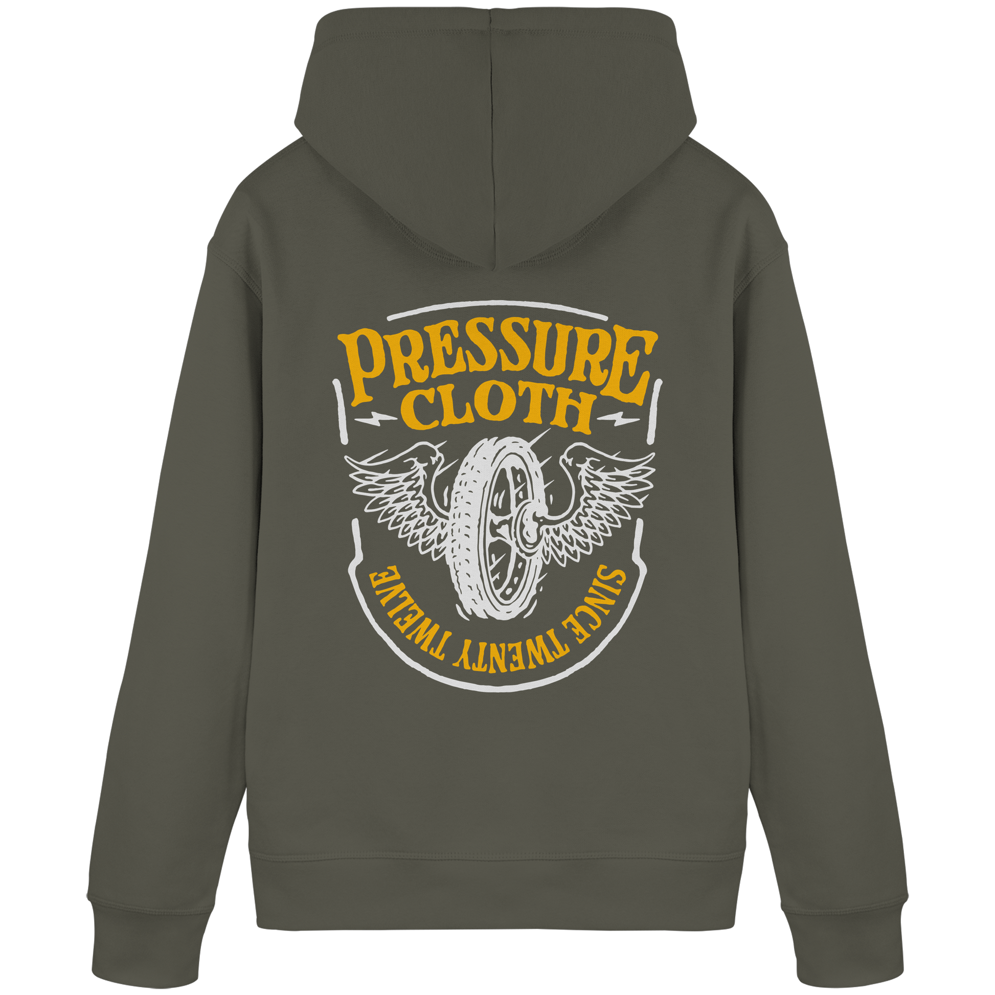 Flying Wheels Bike Customs  - Organic Basic Hoodie von Pressure Clothing mit Vintage-Rad-Motiv und Schriftzug auf dem Rücken