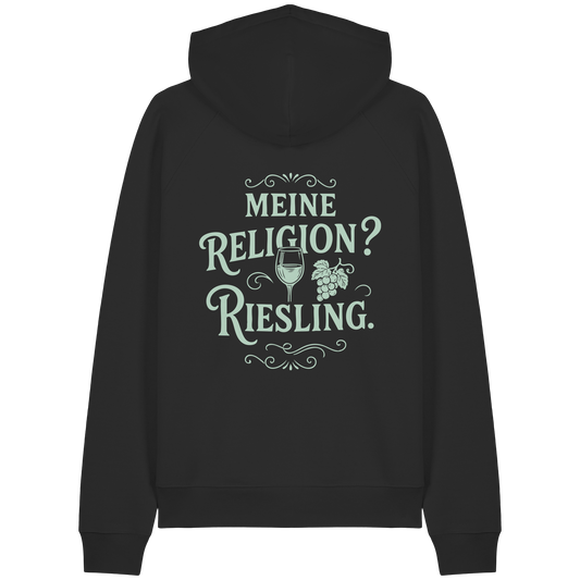 Schwarzer Hoodie mit Aufdruck „Meine Religion? Riesling.“ für Weißwein-Fans von Fun Wear – Organic Raglan Hoodie