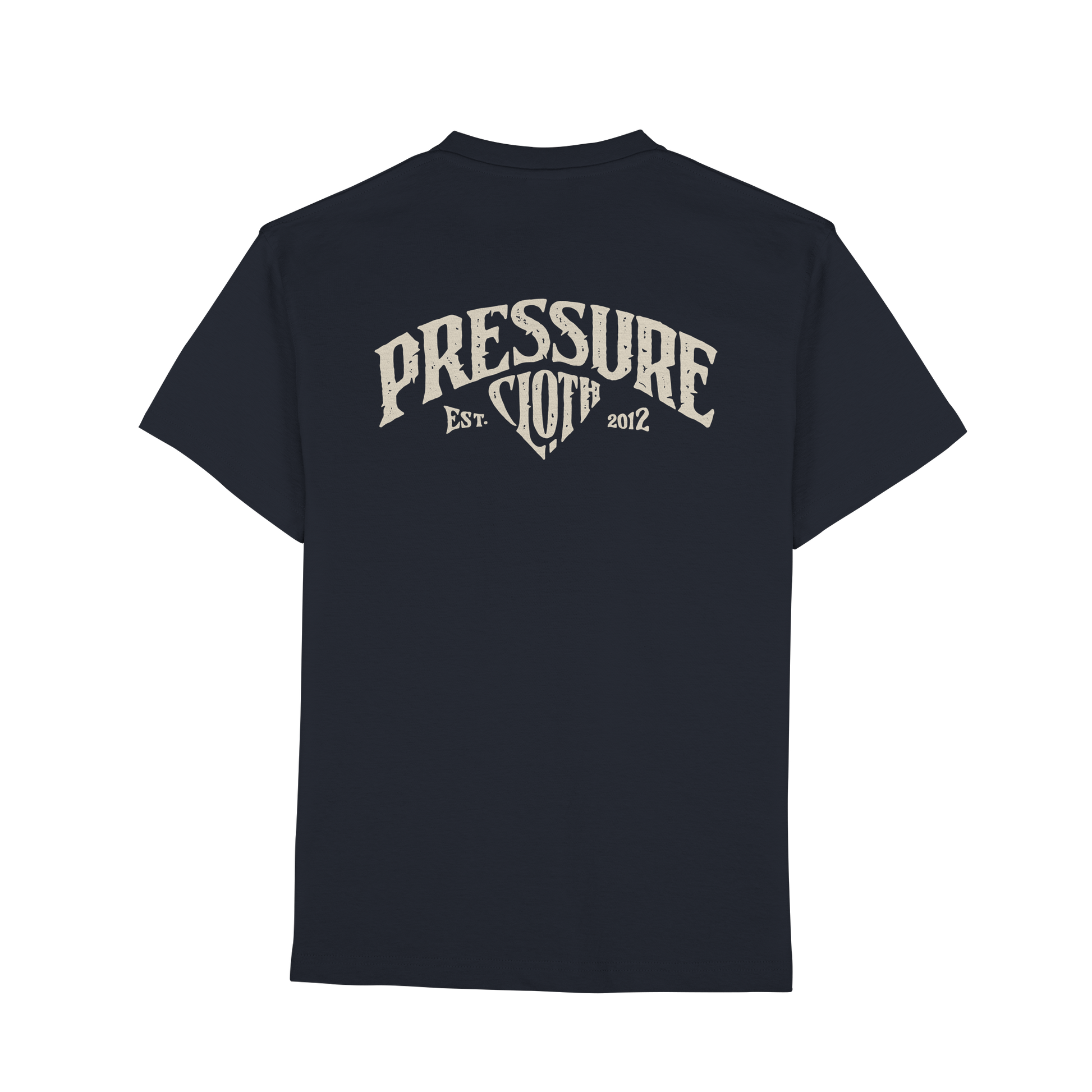 Pressure Cloth - Vintage Brand - Premium Classic T-Shirt in Schwarz mit Vintage-Logo von Pressure Clothing auf der Rückseite.
