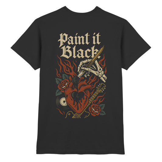 Schwarzes Paint it Black - Premium Shirt von Pressure Clothing mit Herz, Flammen, Rosen und Gitarre in künstlerischem Design.
