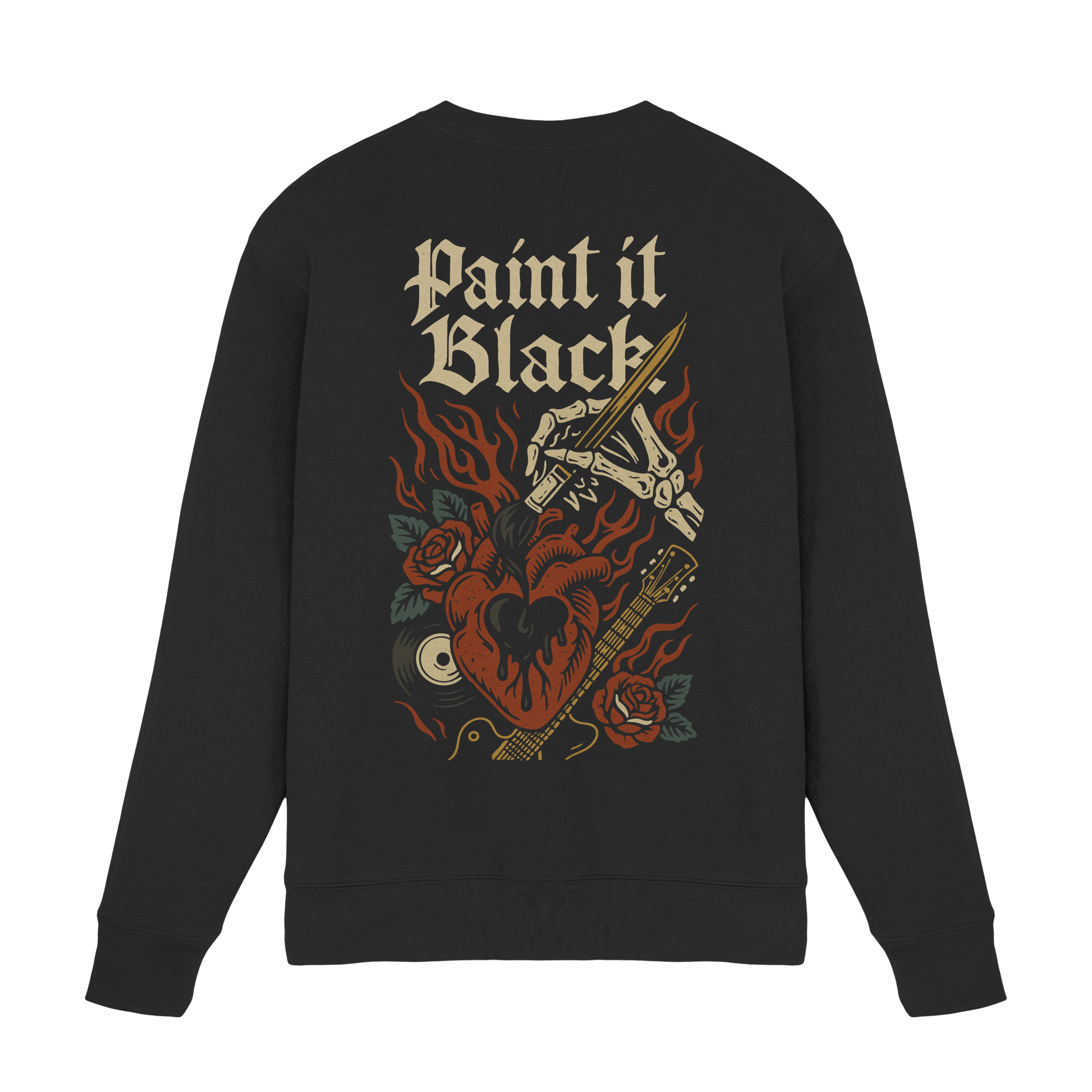 Paint it Black - Premium Sweatshirt von Pressure Clothing mit Herz, Flammen, Rose und Gitarrenmotiv auf schwarzem Stoff.