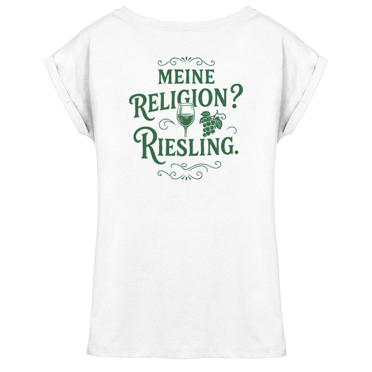 Meine Religion? Riesling. – Lustiger Wein Spruch für Weißwein-Fans - Womens Extended Shoulder T-Shirt