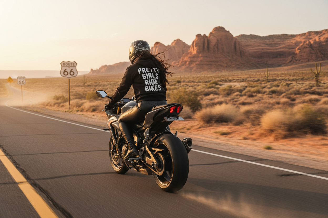 create an image of a pretty girl rides a bike very fast on a Route 66 highway. the wears a biker leather trouser and a black hoodie sweatshirt with the text "pretty girls ride bikes."