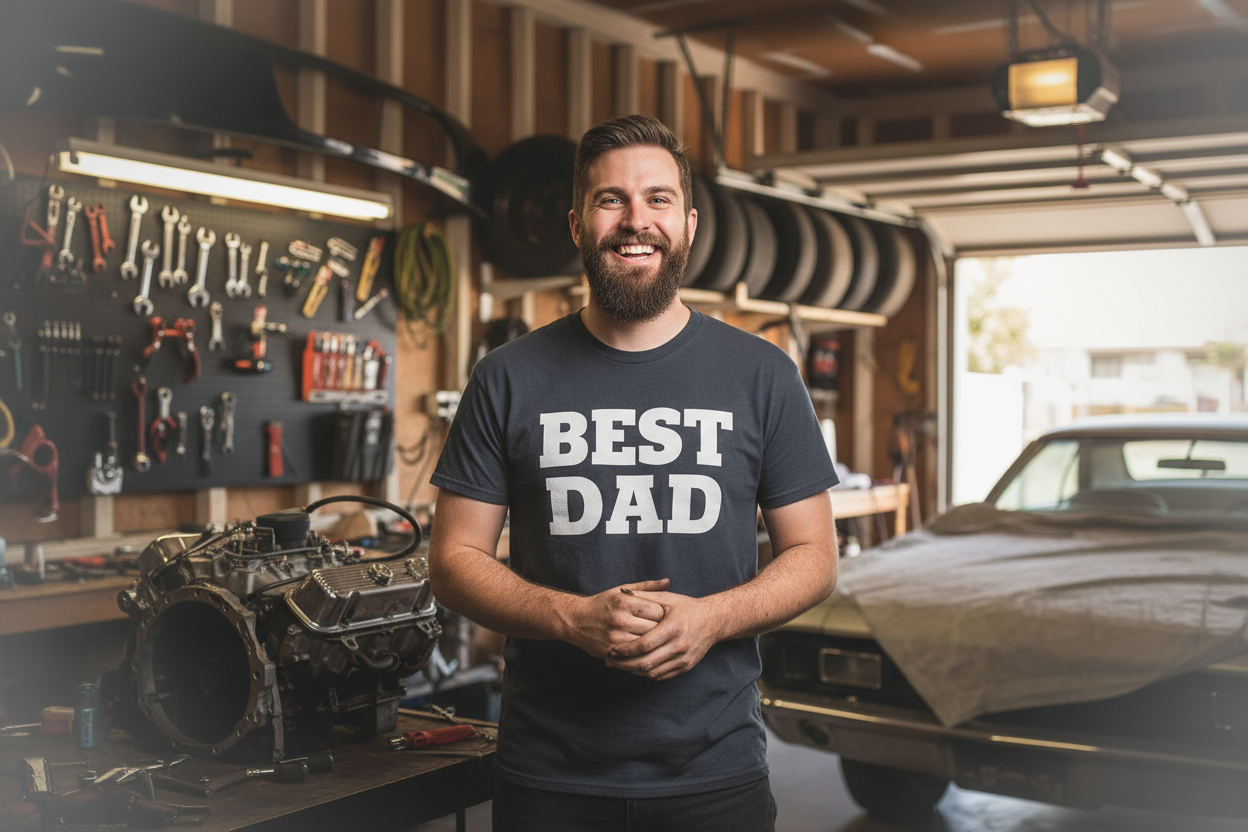 der mann soll mit dem blick nach vorne ein lachendes gesicht haben. füge eine unscharfe vigniette an den rändern hinzu.