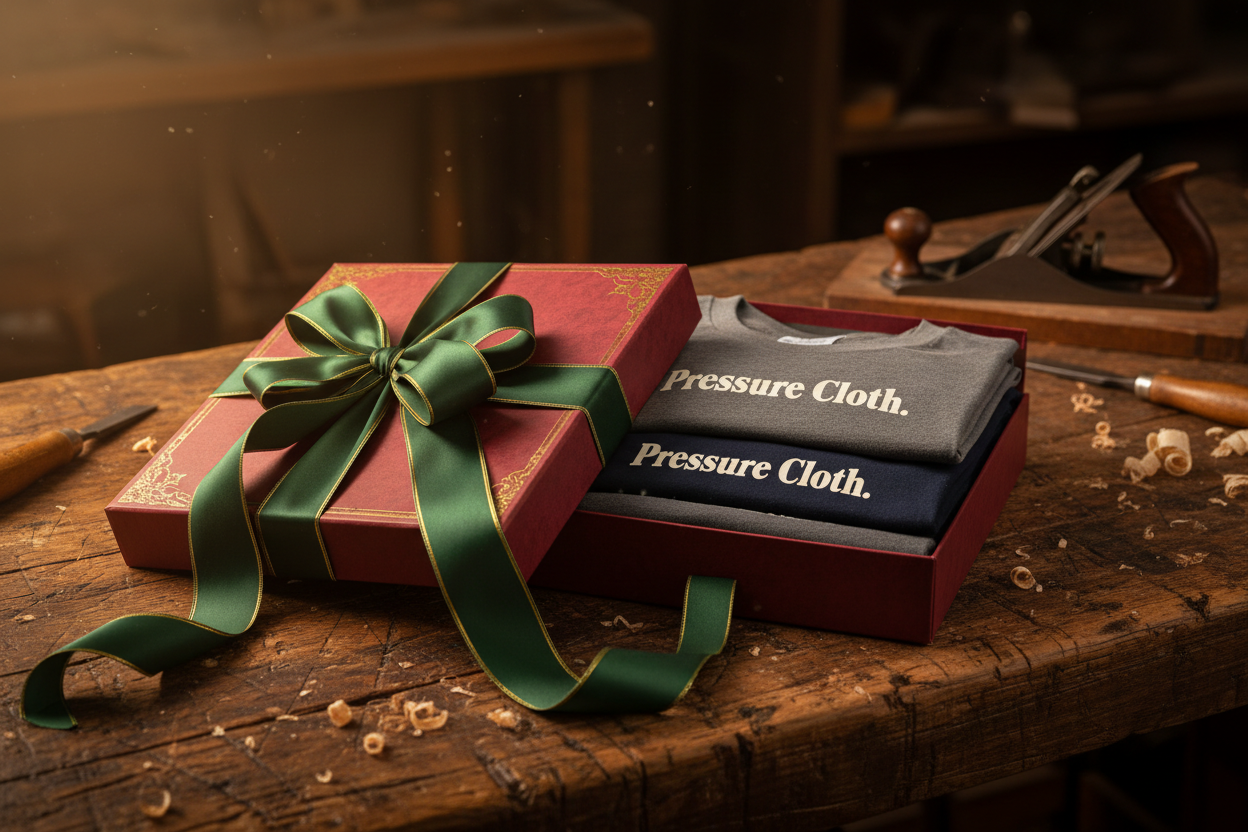 erstelle eine grafik mit einer hochwertigen festlichen Geschenkbox mit Geschnekband, in der sich t-shirts mit dem Aufdruck "Pressure Cloth." befinden. de box liegt auf einem alten holztisch, der aussieht wie in einer Tischlerwerkstatt