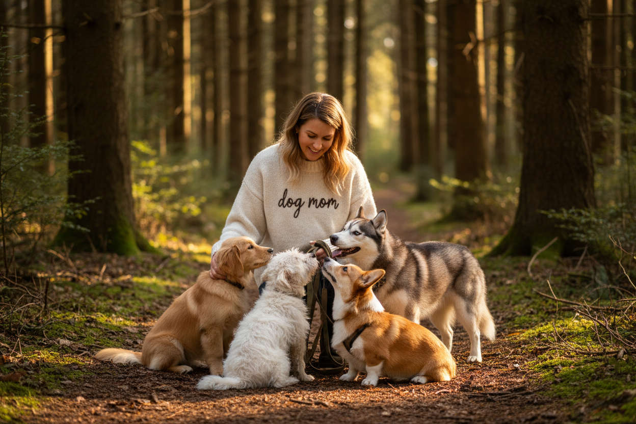 erstelle eine grafik von einer Frau mit 4 unterschiedlichen süßen Hunden. die Frau kniet im Wald und Feldweg bei einem gassigang. auf ihrem Pullover steht das Wort "dog mom"