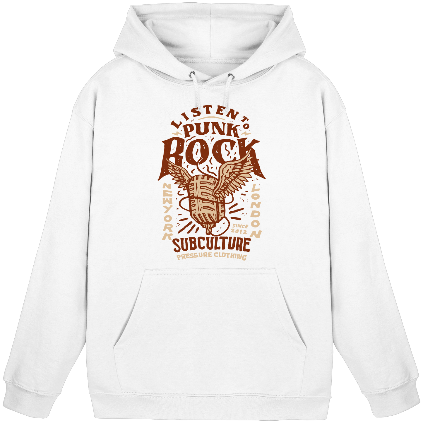 Listen to Punk Rock Subculture - Basic Unisex Hoodie von Pressure Clothing mit rebellischem Punk Rock Motiv in Braun auf Weiß