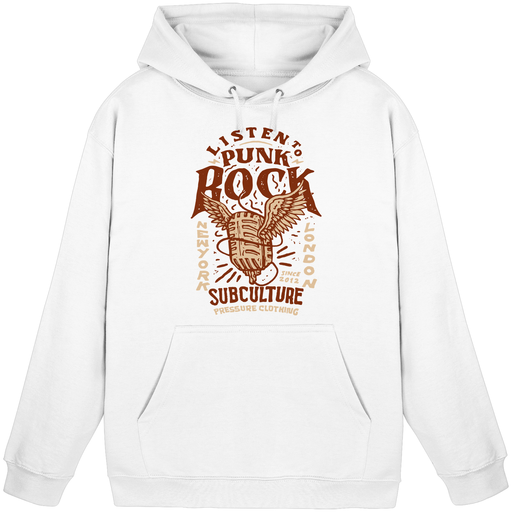 Listen to Punk Rock Subculture - Basic Unisex Hoodie von Pressure Clothing mit rebellischem Punk Rock Motiv in Braun auf Weiß