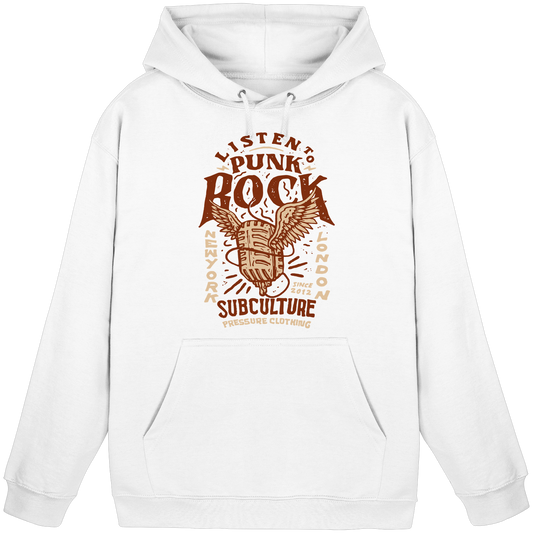 Listen to Punk Rock Subculture - Basic Unisex Hoodie von Pressure Clothing mit rebellischem Punk Rock Motiv in Braun auf Weiß