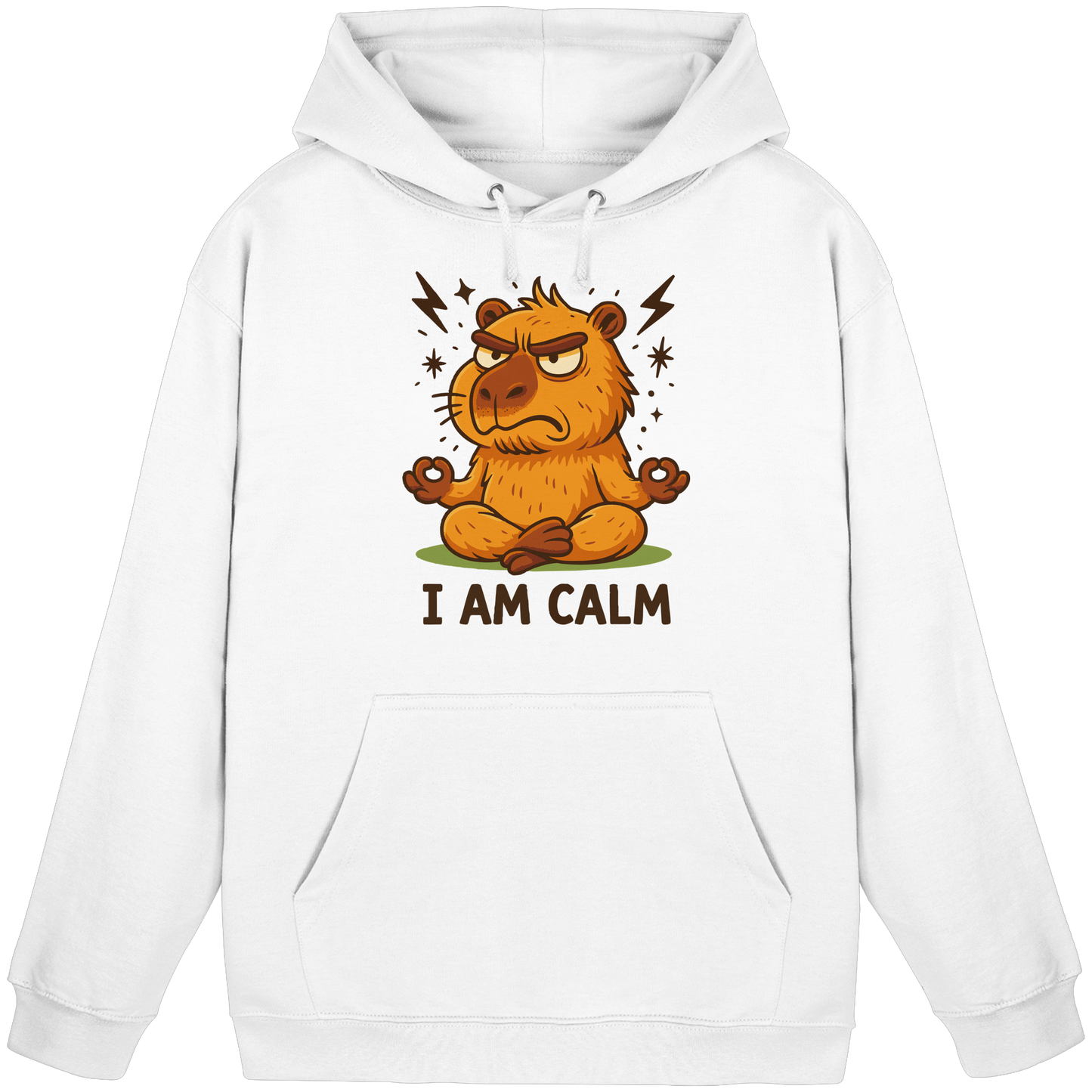 Weißer Hoodie mit lustiger Capybara beim Meditieren und Yoga Spruch „I AM CALM“ – Lustige Capybara beim Meditieren – Yoga Spruch „I AM CALM“ - Basic Unisex Hoodie von Pressure Clothing