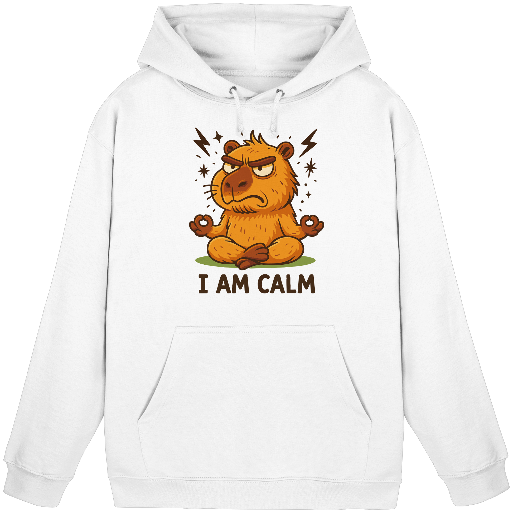 Weißer Hoodie mit lustiger Capybara beim Meditieren und Yoga Spruch „I AM CALM“ – Lustige Capybara beim Meditieren – Yoga Spruch „I AM CALM“ - Basic Unisex Hoodie von Pressure Clothing