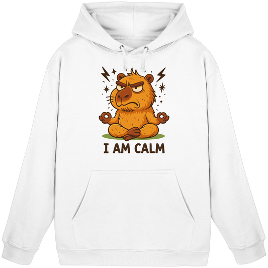Weißer Hoodie mit lustiger Capybara beim Meditieren und Yoga Spruch „I AM CALM“ – Lustige Capybara beim Meditieren – Yoga Spruch „I AM CALM“ - Basic Unisex Hoodie von Pressure Clothing