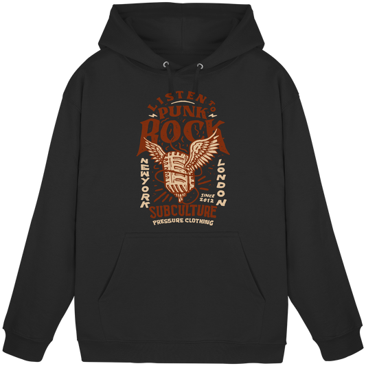 Schwarzer Listen to Punk Rock Subculture - Basic Unisex Hoodie von Pressure Clothing mit Punk Rock Motiv und Subkultur Schriftzug.
