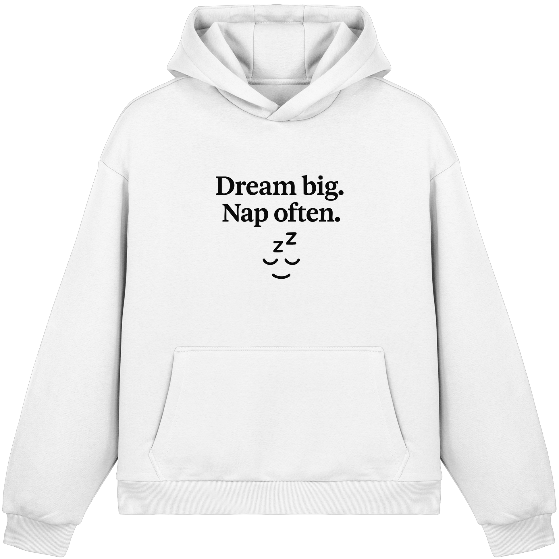 Weißer Dream Big. Nap Often. – Selfcare-Mood für Gen Z - Fluffy Boxcut Hoodie von GenZ Wear mit schlichter Schlaf-Illustration
