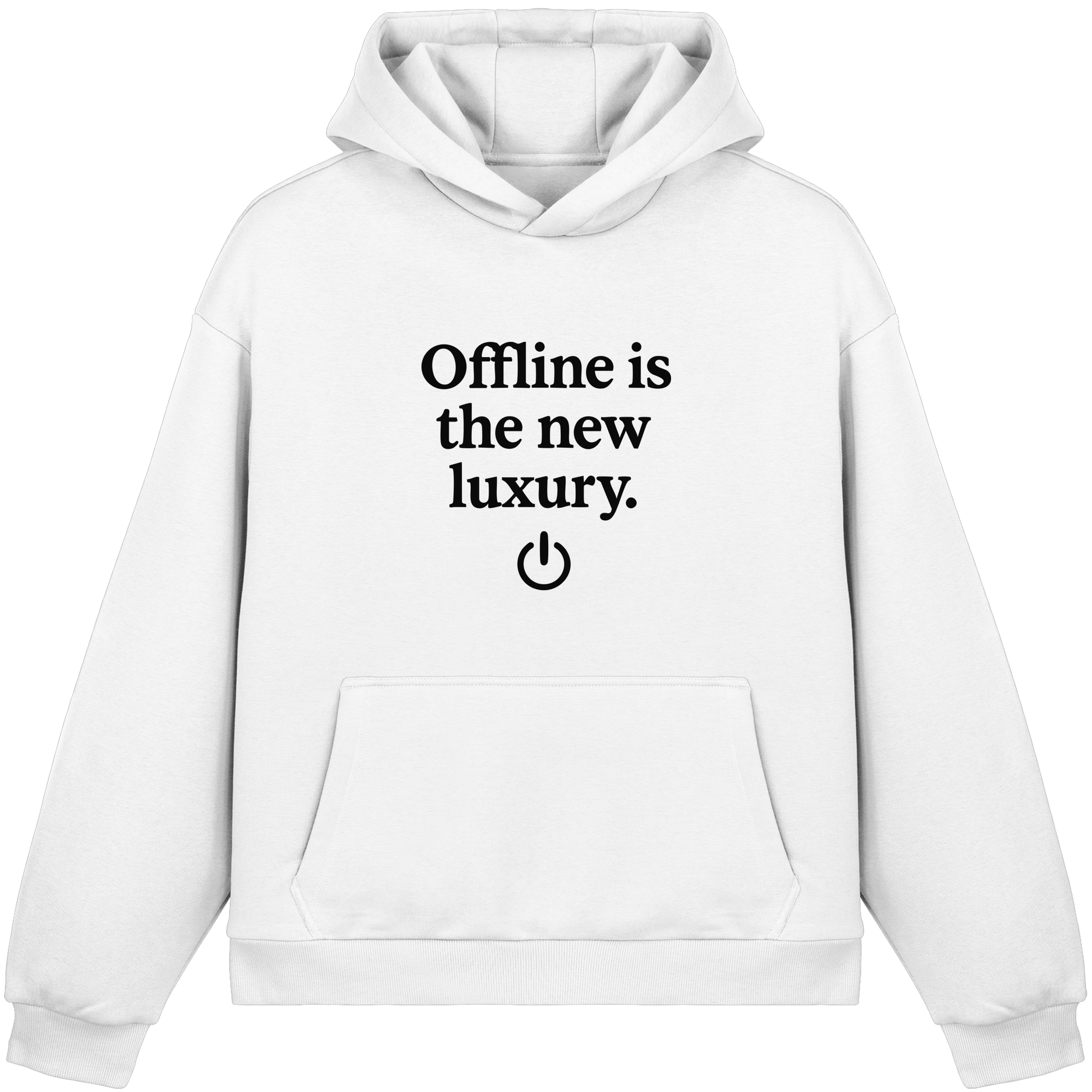 Weißer Offline is the new luxury – Digital Detox - Fluffy Boxcut Hoodie von GenZ Wear mit minimalistischer Schrift und Power-Symbol.